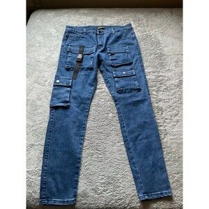 OUFREY Men’s 36 XL Light Wash Denim Jeans Buffalo Patch Cargo Pants Street skin